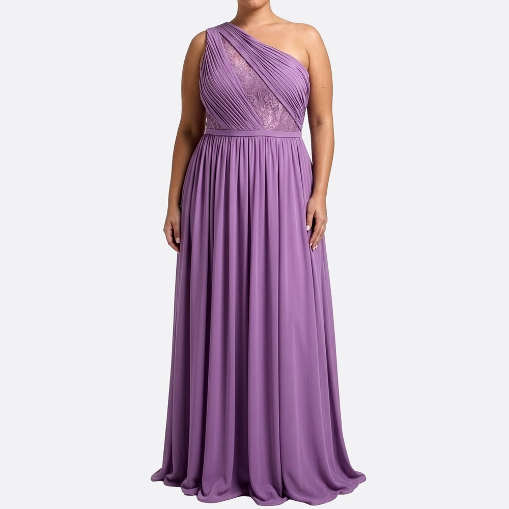 Let's Lace Pleated Gown Lilac One‎ Shoulder Maxi Dress Formal Gala 0X Large NWT